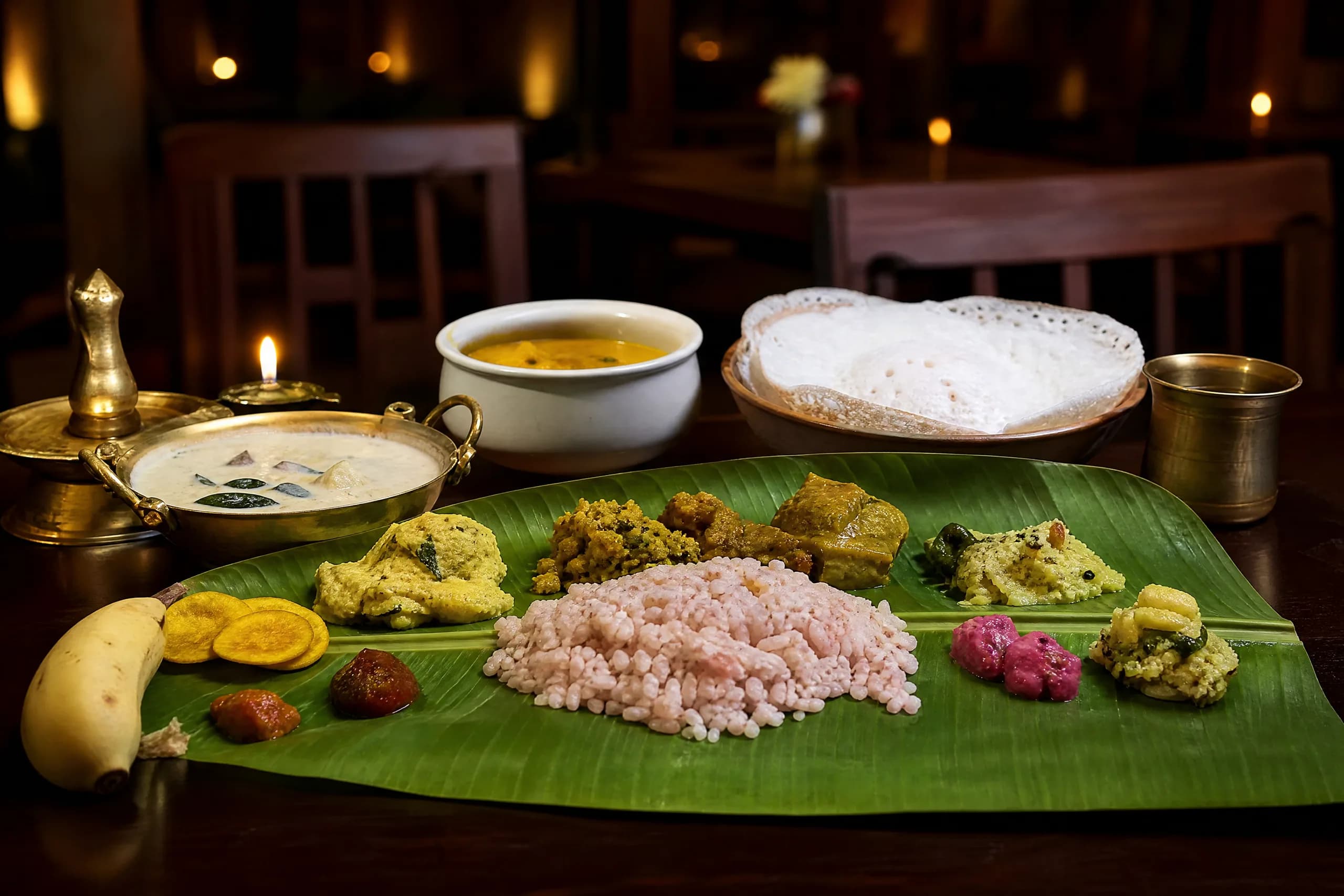 Traditional Kerala cuisine served on a banana leaf