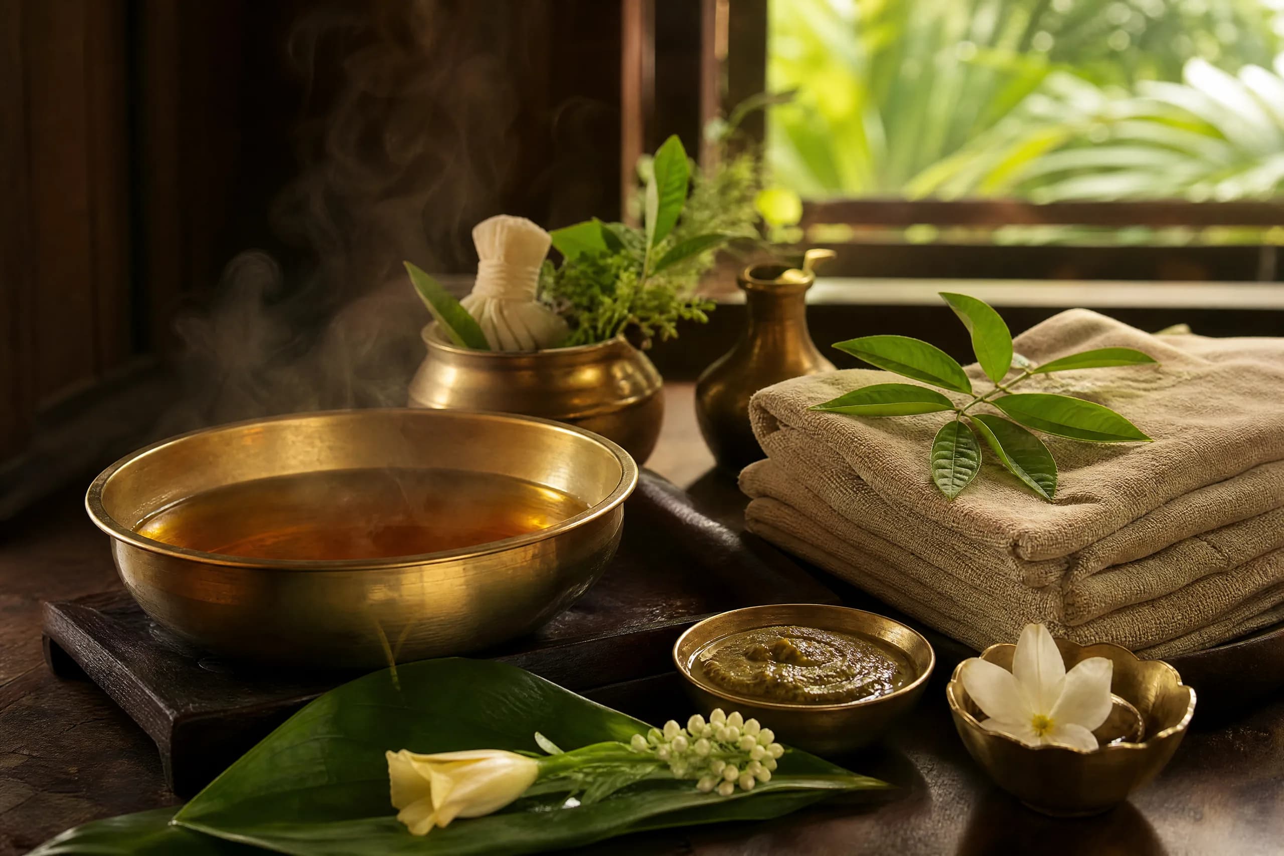 Warm herbal oil, fresh herbs and linen in the Ayurveda spa